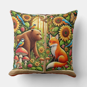 Almofada Cena Florestal Com Urso, Raposa, Girassóis