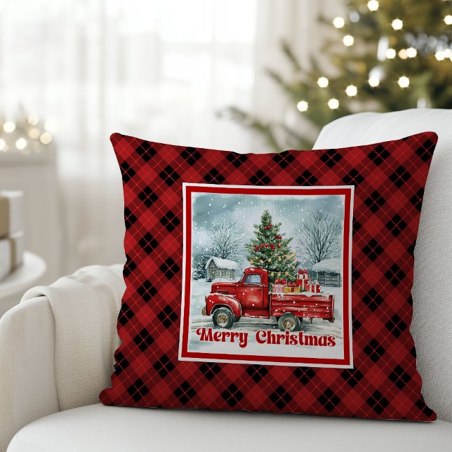 Almofada Cena natalina alegre com caminhão vermelho rústico (Joyful red truck Christmas scene rustic festive pillow art

)