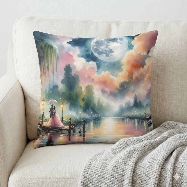 Almofada Cena Noturna Romântica ao Luar em Aquarela (Romantic Moonlight Watercolor Night Scene Throw Pillow Mockup A)