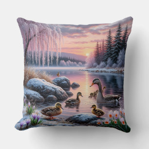 Almofada Cena Pacífica de Lago de Inverno com Patos