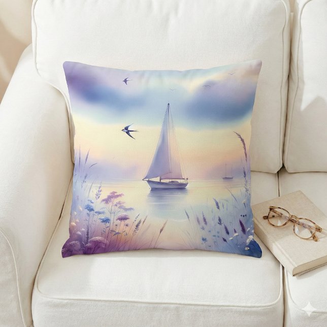 Almofada Cena Pastel de Barco à Vela à Beira-Mar (Pastel Sailboat Coastal Dreamscape Throw Pillow Mockup A)