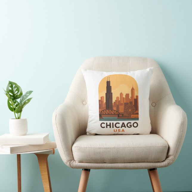 Almofada Cenário da Cidade de Chicago EUA Viagem Retro Anti (Cadeira)