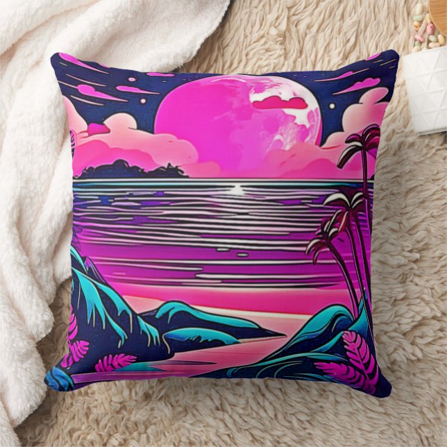 Almofada Cenário de Praia Neon Lua Rosa (Cobertor)