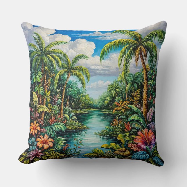 Almofada Cenário Tropical Vibrante com Palmeiras (Frente)