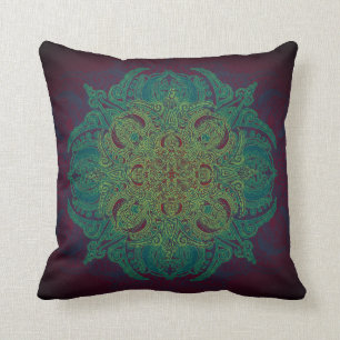 Almofada Cerceta & mandala Lacey do verde sobre Borgonha