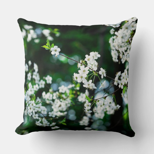 Almofada Cereja branca floresce folhas verdes (Frente)