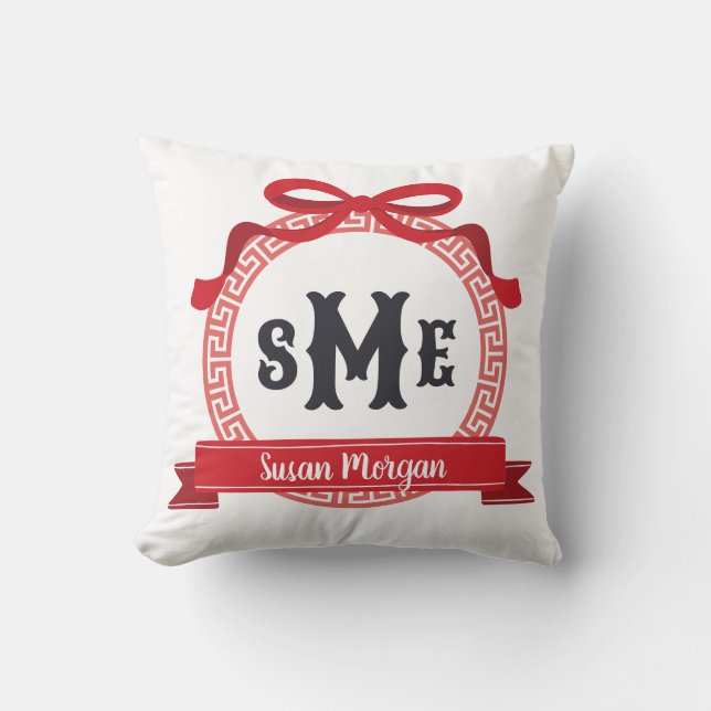 Almofada Cereja Vermelha Chave Grega Arco Monograma (Frente)