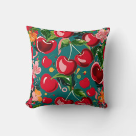 Almofada Cereja Vibrante e Padrão Floral no Fundo Teal