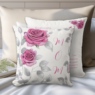 Almofada Cerise Rosa Rosa Folha Prata Amor da Mamãe