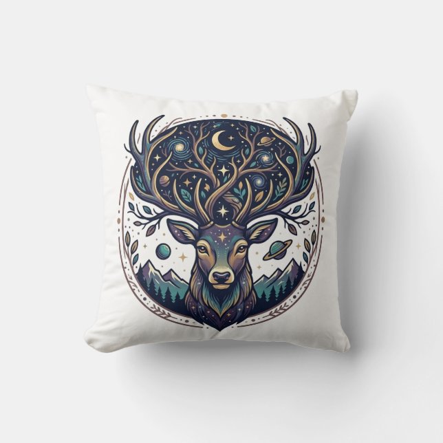 Almofada Cervo Celestial Arte Mística de Lua e Estrelas (Frente)