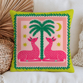 Almofada Cervos Estilizados Rosa com Palmeira Elegante Verd