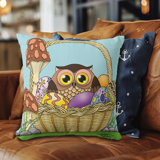 Almofada Cesta de Páscoa de Pastel Cute Owl Ovos Cogumelos (Criador carregado)