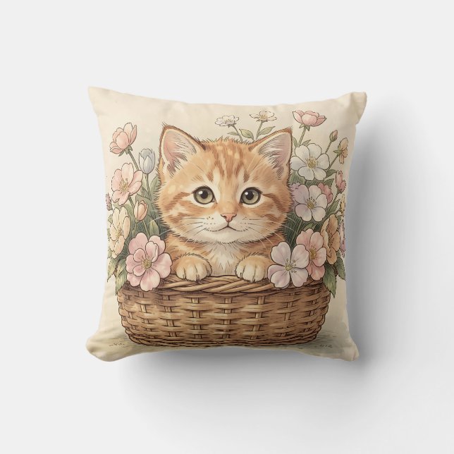 Almofada Cesto de Flores com Gatinho Ruivo Fofo (Frente)