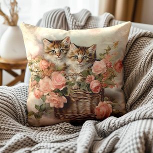 Almofada Cesto de Gatinhos Rosas Cor-de-Rosa Pintura Vintag