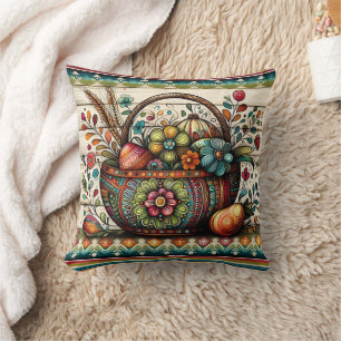 Almofada Cesto vibrante de flores e ovos decorados
