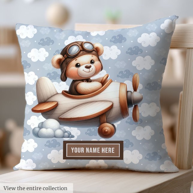 Almofada Chá de fraldas de Urso Castanho Azul Personalizado (Blue Brown Teddy Bear Baby Shower Personalized Throw Pillow)