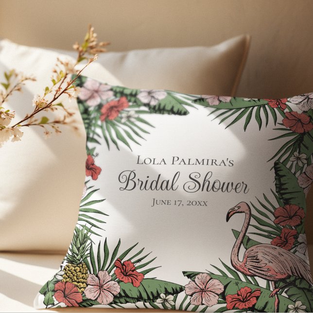 Almofada Chá de panela Flamingo Rosa Tropical (Elegant Hawaiian Bridal Shower  Design. Hand-Drawn Tropical Hibiscus Flowers, Flamingo, Pineapple)