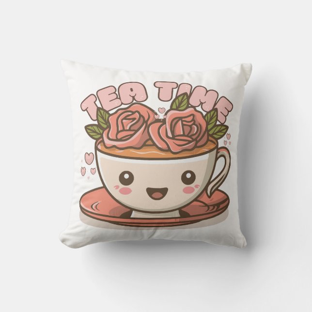 Almofada Chá Hora Rosa Chá Kawaii (Frente)