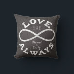 Almofada Chalkboard Infinity Love Casket Date and Names<br><div class="desc">Celebre o amor infinito entre sua noiva favorita e o noivo com este travesseiro personalizável! Um símbolo branco de infinidade de giz e um texto de "Love Always" rodeiam os nomes dos casais e a data de casamento em um fundo preto de quadro negro. Faz um belo, moderno, presente personalizado....</div>