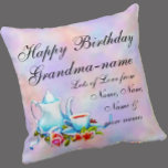 Almofada Change Grandma Name Text Teapot Floral Birthday<br><div class="desc">Change Grandmother's Name and add the family names to this lovely Cup of Tea & Teapot Floral Design Birthday Pillow.</div>