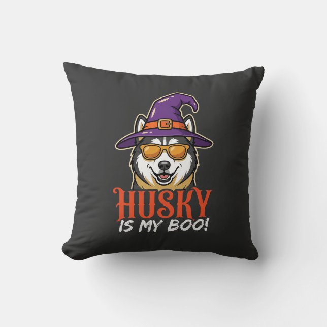 Almofada Chapéu de Bruxa do Husky de Halloween é Meu Amor (Frente)