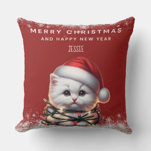 Almofada Chapéu de Papai Noel de Gatinho Personalizado Nata