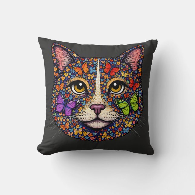 Almofada Charcoal Butterfly Blooms Cat Portrait Kitty Lover (Frente)