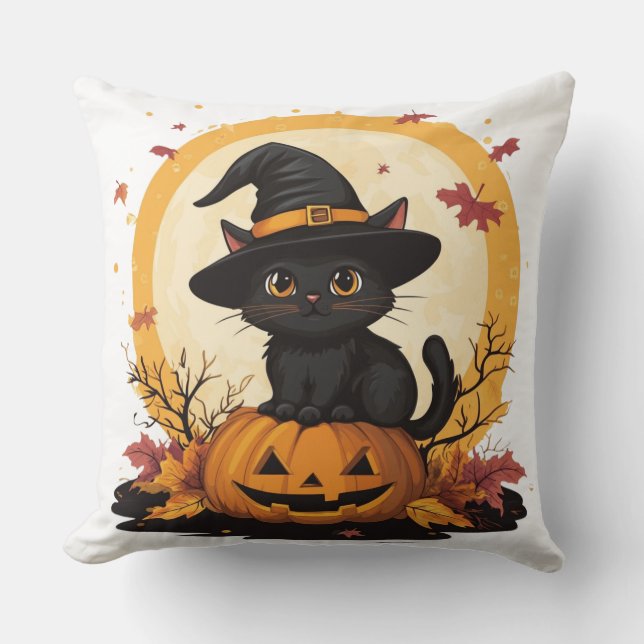 Almofada 🎃 Chat Noir Halloween : Félin Sorcier 🧙‍♂️ (Frente)