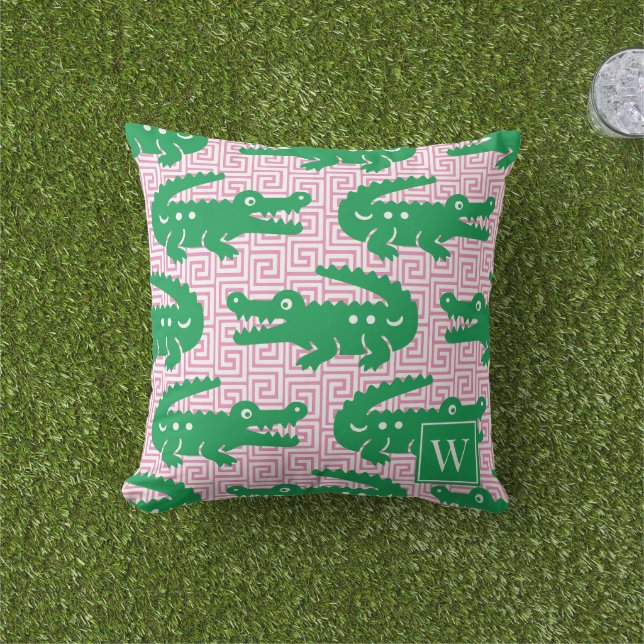 Almofada Chave Grega de Jacaré - Monograma Rosa e Verde (Grama)