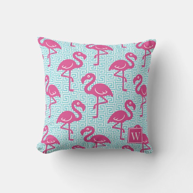 Almofada Chave Grego Flamingo Tropical - Monograma Rosa e T (Frente)