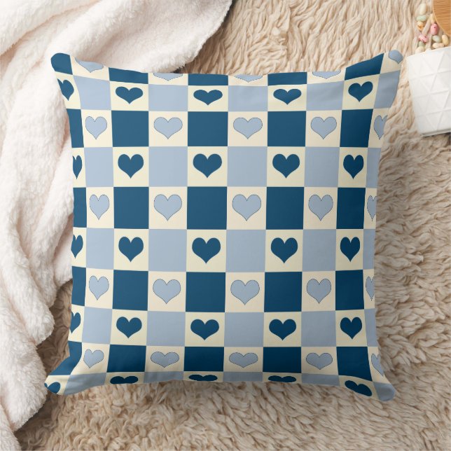 Almofada Checkerboard Hearts in Dark Blue, Light Blue, and  (Cobertor)