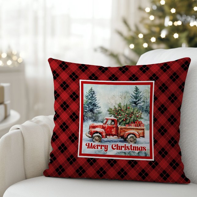 Almofada Cheerful red truck Christmas scene rustic bold  (Cheerful red truck Christmas scene rustic bold pillow joy

)