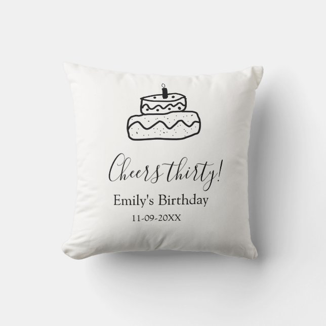 Almofada Cheers thirty birthday cake black scribble hand (Frente)