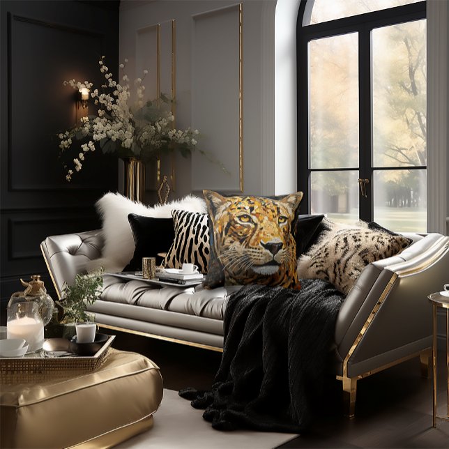 Almofada Cheetah Face Mosaico Gato Na moda preto e Dourado (Dramatic Cheetah Mosaic Style Pillow)