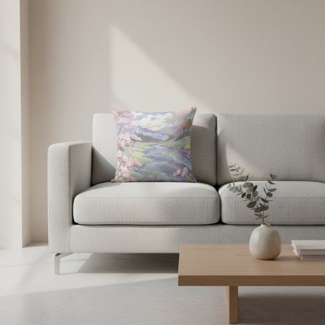 Almofada Cherry Blossomo Pastel Watercolor Paisagem (Criador carregado)