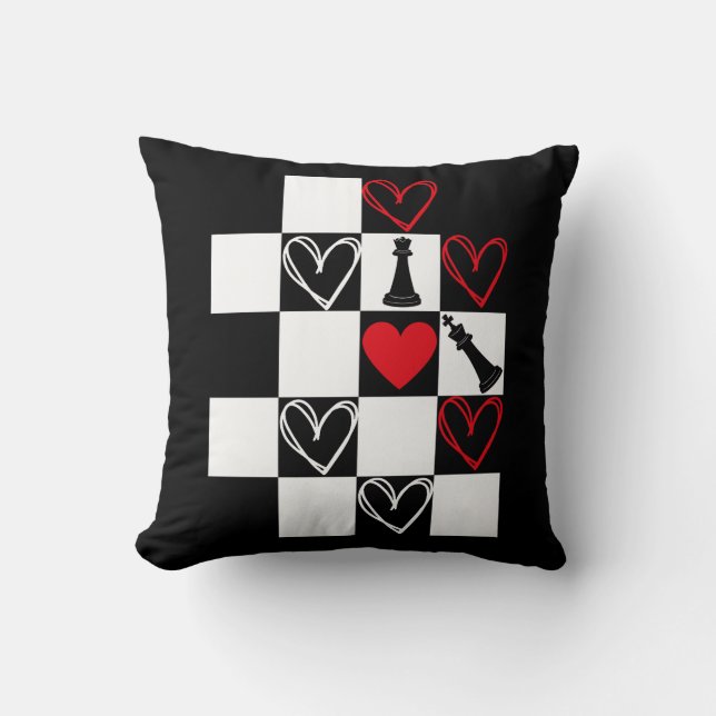 Almofada Chessboard Heart Valentines Day B&W Throw Pillow (Frente)