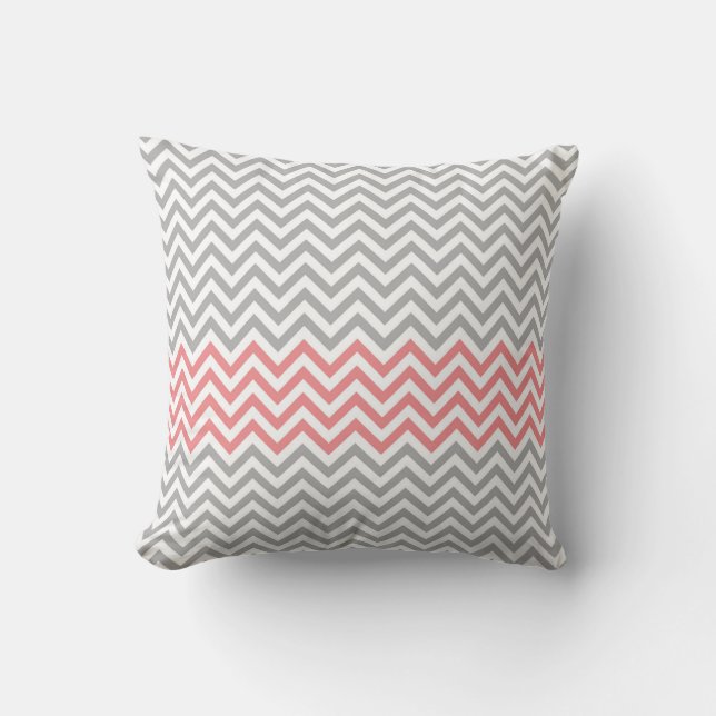 Almofada Chevron cinzento, branco e coral (Frente)