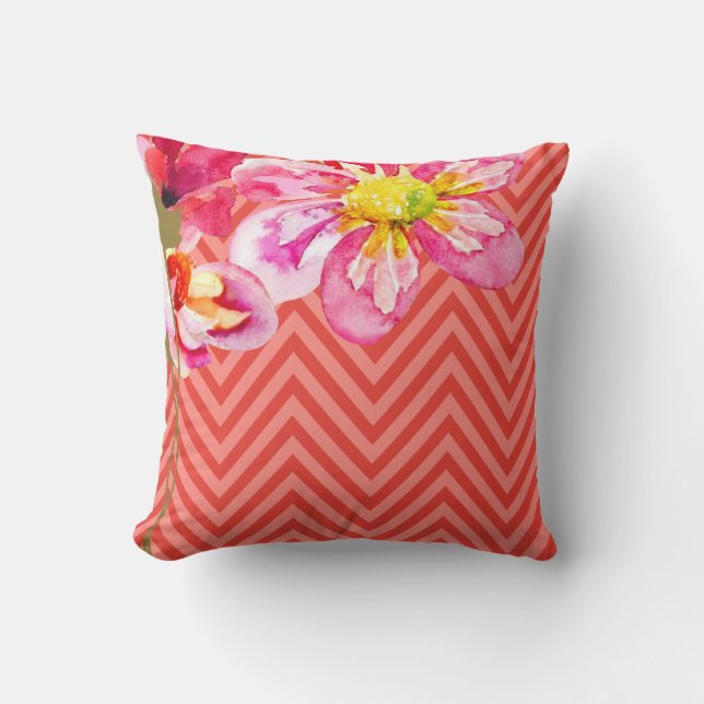 Almofada Chevron Floral| Coral de pêssego (Frente)