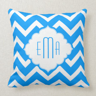 Almofada Chevron Geométrico Zigzag Azul e Branco Monograma
