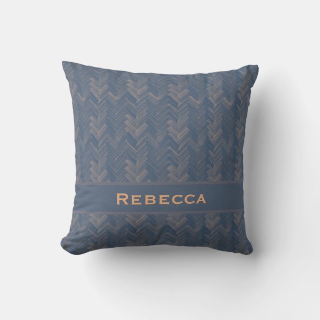 Almofada Chevron Herringbone Patterno Retro Blue Monograma (Frente)