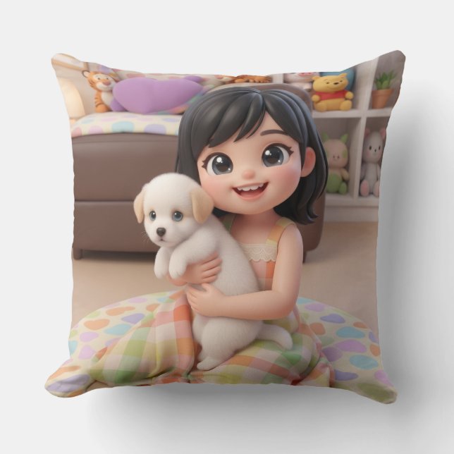 Almofada Chibi Girl Hugging White Puppy Dog Throw Pillow (Frente)
