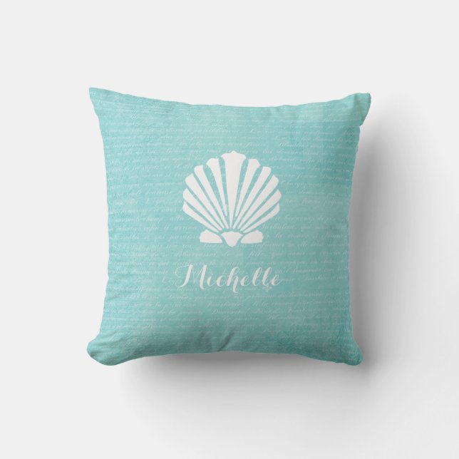 Almofada Chic Beach Girly Aqua Scallop Shell Com Nome (Frente)