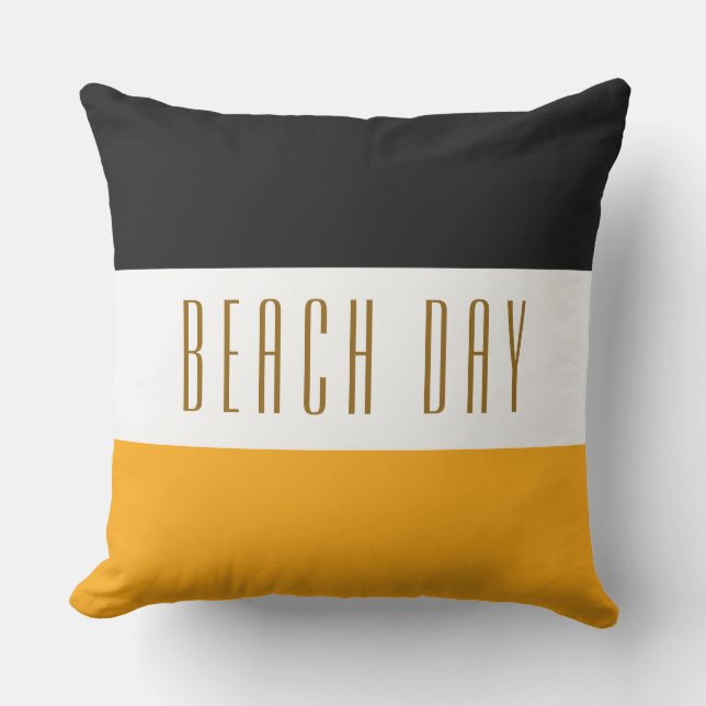 Almofada Chic Black White Yellow Strips BEACH DAY Texto (Frente)