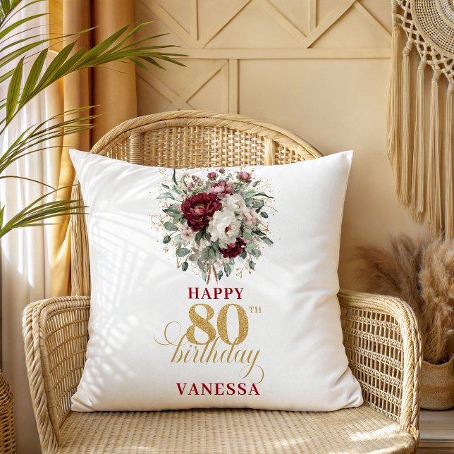 Almofada Chic Blush Burgundy Presente de 80º Aniversário Al (Chic Blush Burgundy 80th Birthday Gift Pillow)