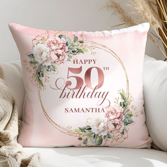 Almofada Chic Blush Rosa Verde 50º Aniversário Travesseiro  (Chic Blush Pink Greenery 50th Birthday Pillow Gift)
