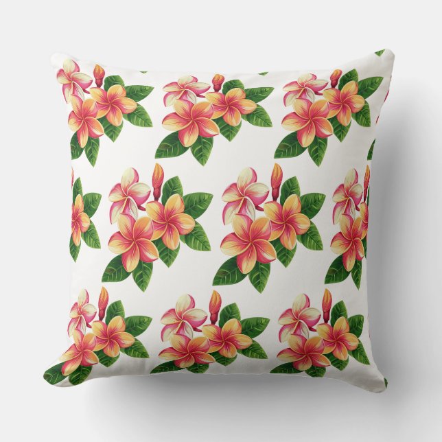 Almofada Chic Boho Flores Tropicais Rosa em Branco (Frente)