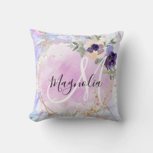 Almofada Chic Floral Azul Rosa Dourado Arco-Íris Monograma
