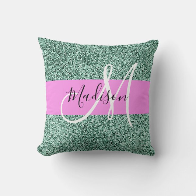 Almofada Chic Glam Rosa Verde Brilho Brilhar Nome Monograma (Frente)