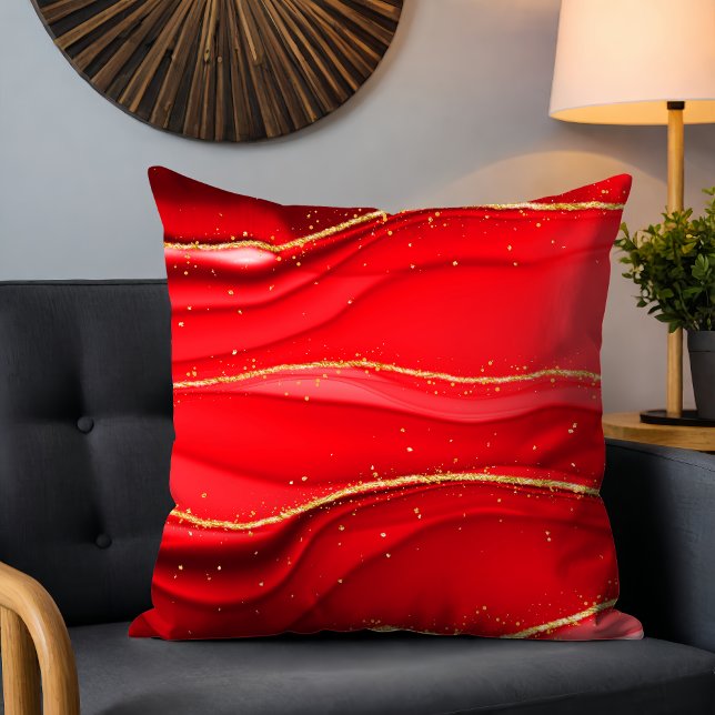 Almofada Chic Modern Red Abstrato Wave Dourada Glitter Spar (Criador carregado)