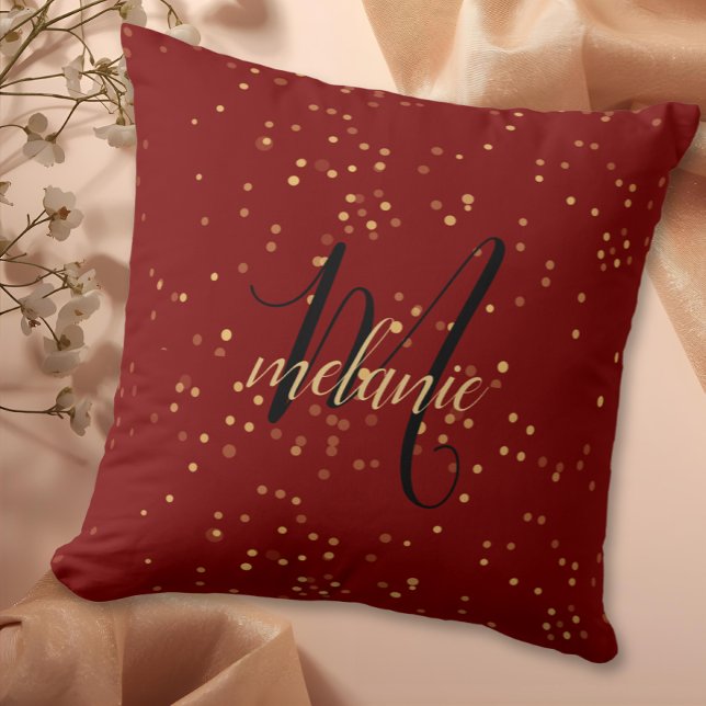 Almofada Chic Modern Red & Gold Monogram (Criador carregado)
